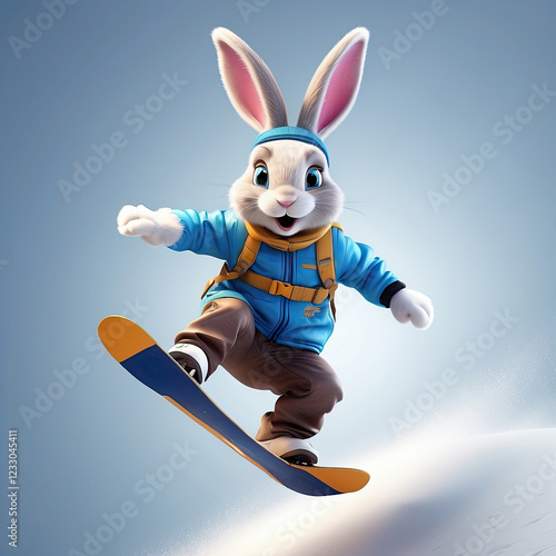 Energetic Easter bunny snowboarding down a snowy slope, wearing a stylish blue jacket and backpack. A fun and dynamic winter holiday illustration with festive and sporty vibes.
