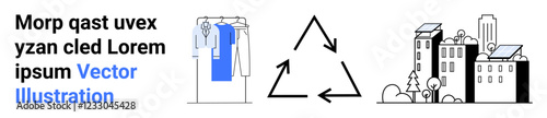 Clothing rack with garments, recycle symbol, and eco-friendly urban buildings. Ideal for sustainability, recycling, eco-awareness, environmental conservation, green living, urban design and climate