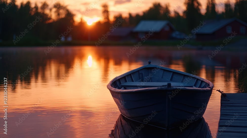 Obraz premium Sunset boat lake cabin reflection serenity