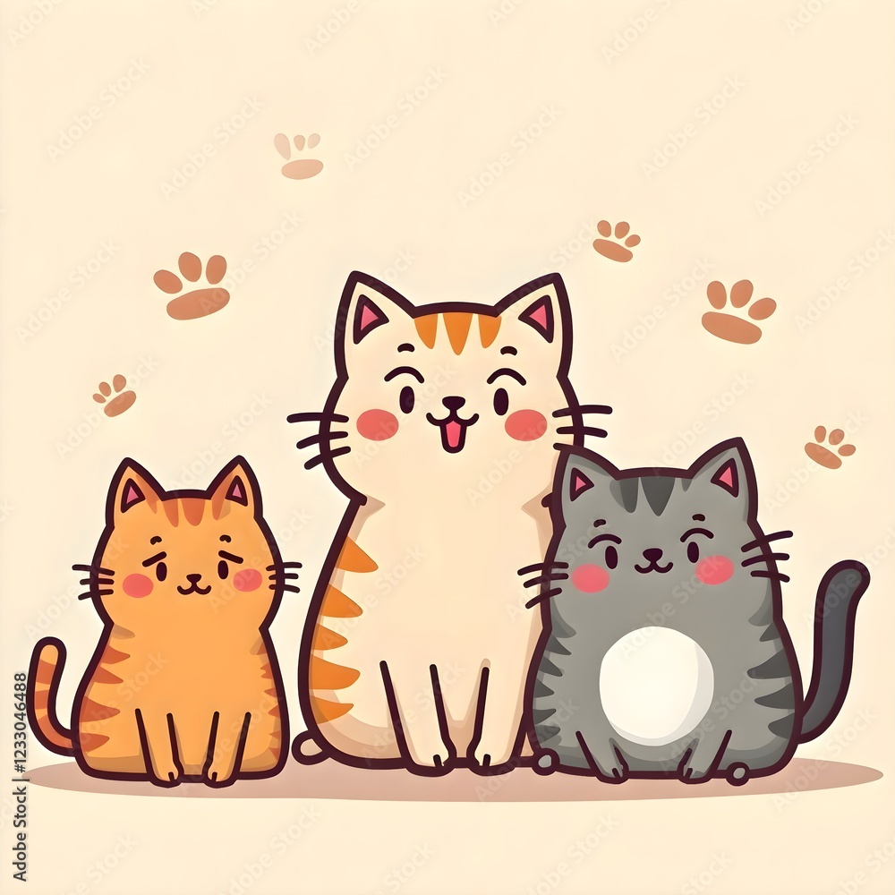 Obraz premium A bright and colorful cartoon illustration of three cheerful, smiling cats with playful expressions. They stand against a light beige background, creating a fun and joyful atmosphere. Perfect for crea