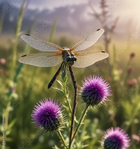 Dragonfly Anax imperator perched on a purple thistle in sunlight, thistle, light