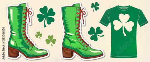 St. Patrick's Day green boots and shirt with shamrock design