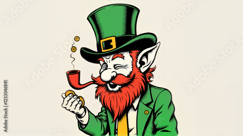 Leprechaun winking with pipe and coins in hand. St. Patrick’s Day