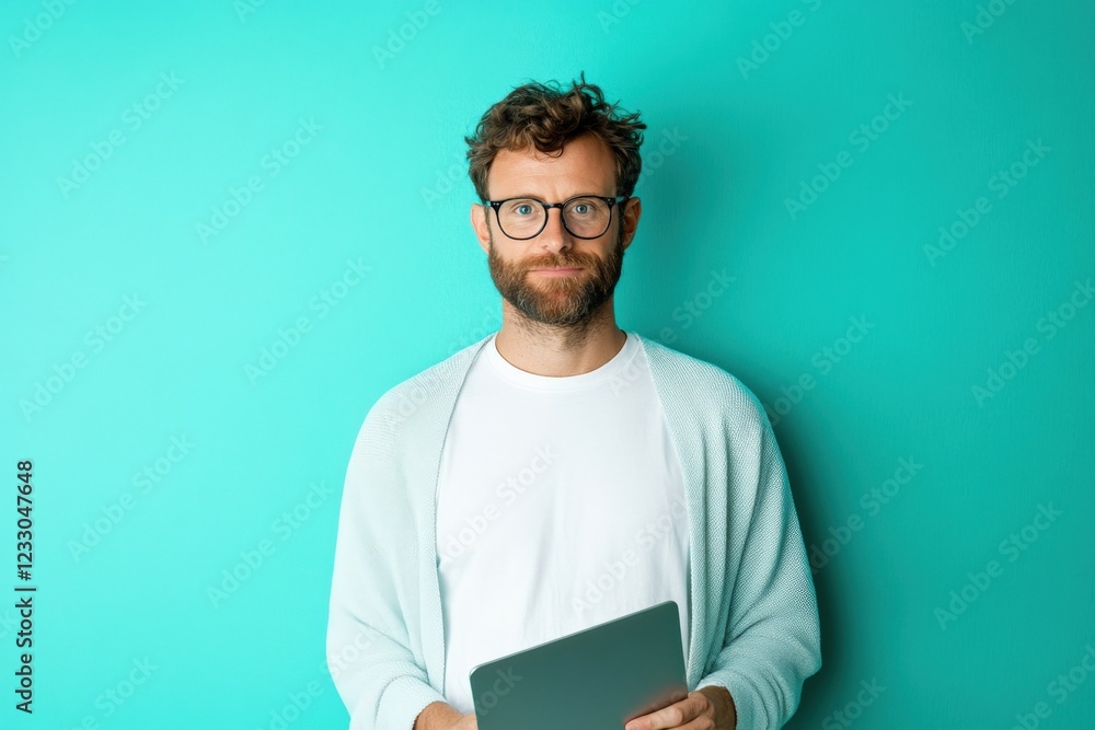 portrait of a man holding a tablet against a turquoise background portrait of a man holding a tablet against a turquoise background