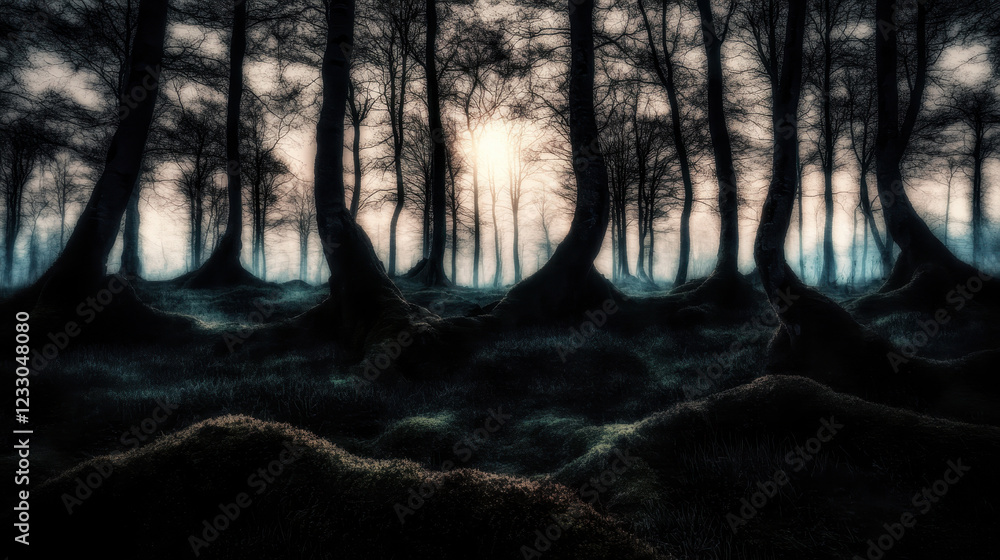 Obraz premium Enigmatic Forest Landscape with Dramatic Light and Shadow Play