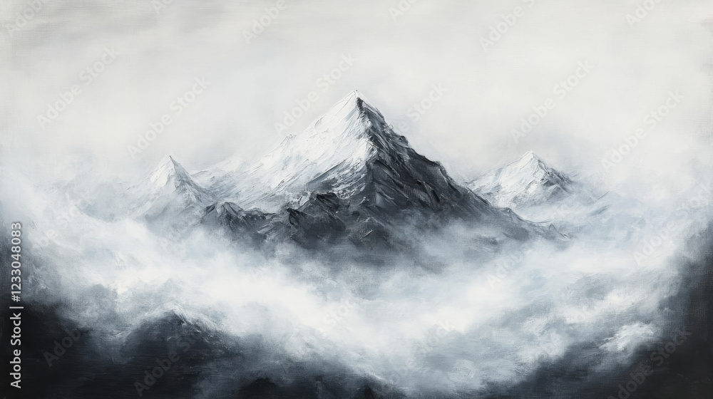 Fototapeta premium A lonely mountain peak emerging from a sea of mist, soft gradients blending seamlessly into the monochrome background, dramatic shadows emphasizing its grandeur