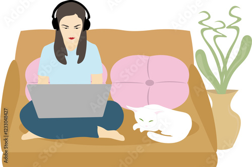 The girl is wearing headphones, sitting on the couch, with a laptop while working, studying, blogging or programming. A white cat sleeps nearby. Vector illustration.