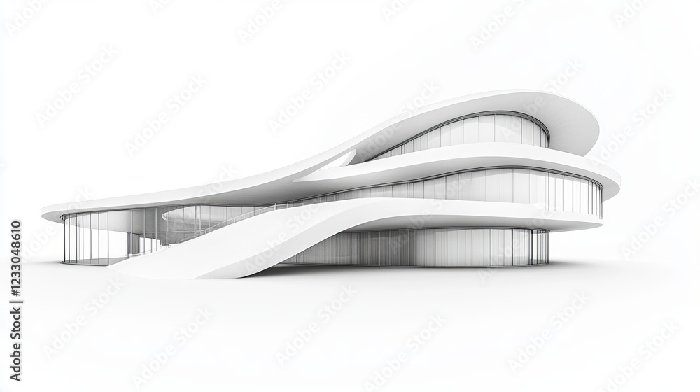 White abstract architectural structure with wavy form, rendered on white background 3d render illustration. 3D Illustration White abstract architectural structure with wavy form, rendered on white background 3d render illustration. 3D Illustration