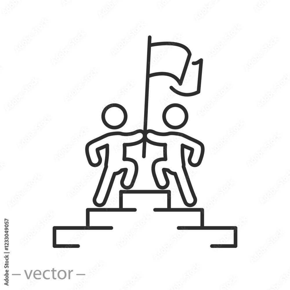 successful community icon, success in achieving the goal, people with flag standing on top of mountain, thin line symbol on white background - editable stroke vector illustration successful community icon, success in achieving the goal, people with flag standing on top of mountain, thin line symbol on white background - editable stroke vector illustration