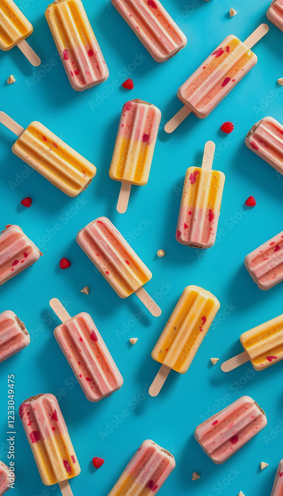 Ice cream popsicle on blue background. Seamless pattern. Summer background, dramatic atmosphere, with white tones Ice cream popsicle on blue background. Seamless pattern. Summer background, dramatic atmosphere, with white tones