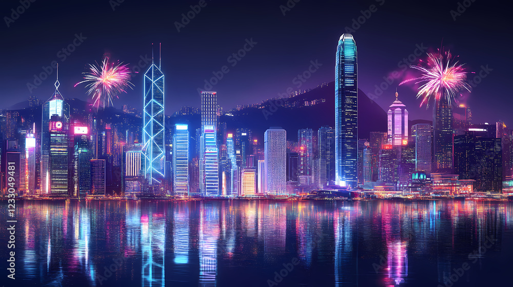 Fototapeta premium Neon hong kong skyline, fireworks, harbor reflection, nighttime cityscape. Sparkling Harbor. Illustration