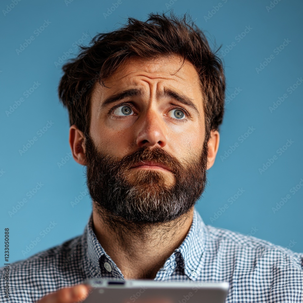 Fototapeta premium man looking up with a thoughtful expression while holding a tablet