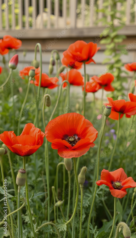 Fototapeta premium red poppies in the flowerbed in summer, grunge, with white tones