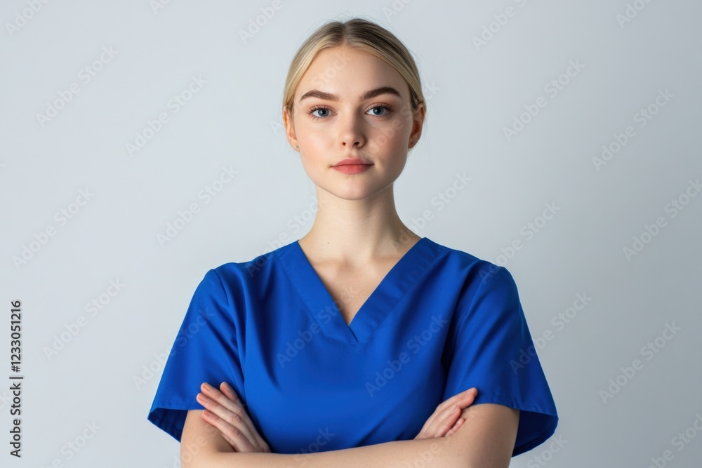 confident medical professional in blue scrubs with arms crossed confident medical professional in blue scrubs with arms crossed