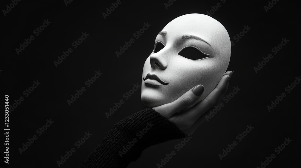 A surreal white mask held by a hand in a dark shadowy composition, evoking mystery and introspection. A surreal white mask held by a hand in a dark shadowy composition, evoking mystery and introspection.