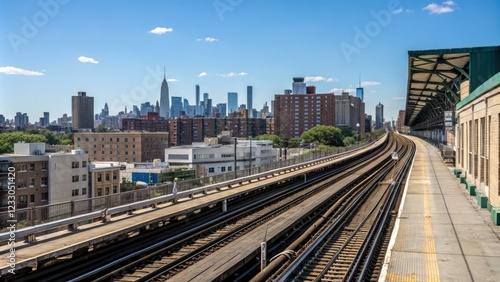 Elevated subway with blue sky and city views, elevated subway, concrete platform