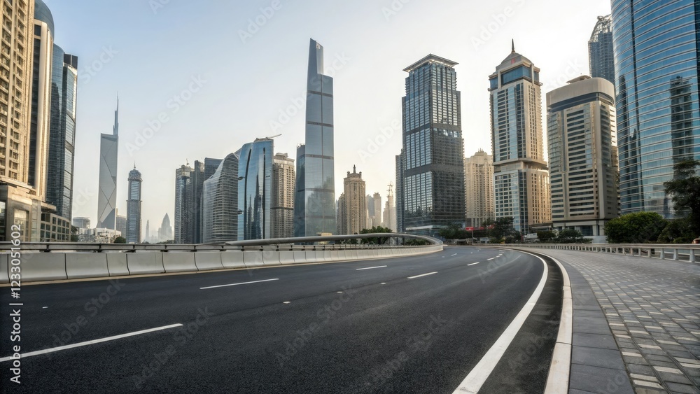 Empty asphalt road passing through the heart of a modern city amidst towering skyscrapers and office buildings, steel and glass, skyscraper, urban sprawl Empty asphalt road passing through the heart of a modern city amidst towering skyscrapers and office buildings, steel and glass, skyscraper, urban sprawl