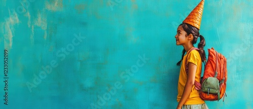 young girl with a party hat and backpack ready for adventure