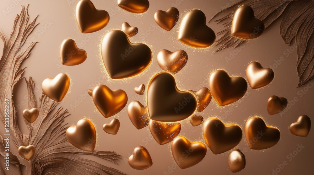 Fototapeta premium Glowing gold hearts floating in the air on a textured brown mocha background.