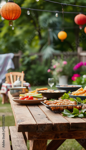 backyard garden party with barbecue wooden table on blurred background with space for text summer party lifestyle concept, vintage, with white tones