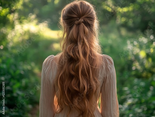 A serene woman stands in a forest, her light-brown wavy hair partly styled, wearing a flowing dress, surrounded by soft natural light. photo