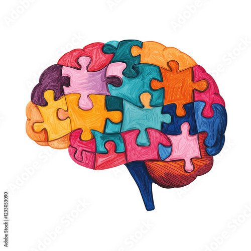 A colorful brain illustration composed of interlocking puzzle pieces, symbolizing complexity and creativity, Transparent Background.