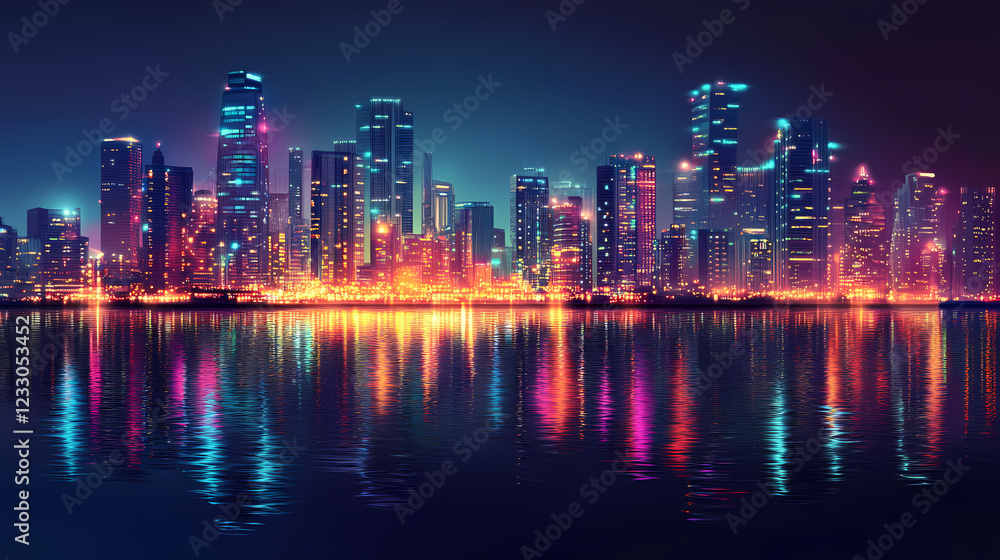 A vibrant cityscape at night with sparkling lights reflecting on the water, illuminated architecture,. Sparkling Harbor. Illustration A vibrant cityscape at night with sparkling lights reflecting on the water, illuminated architecture,. Sparkling Harbor. Illustration