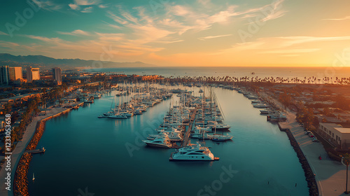 Aerial view of marina del rey harbor in los angeles with boats docked in the marina sparkling water. Sparkling Harbor. Illustration