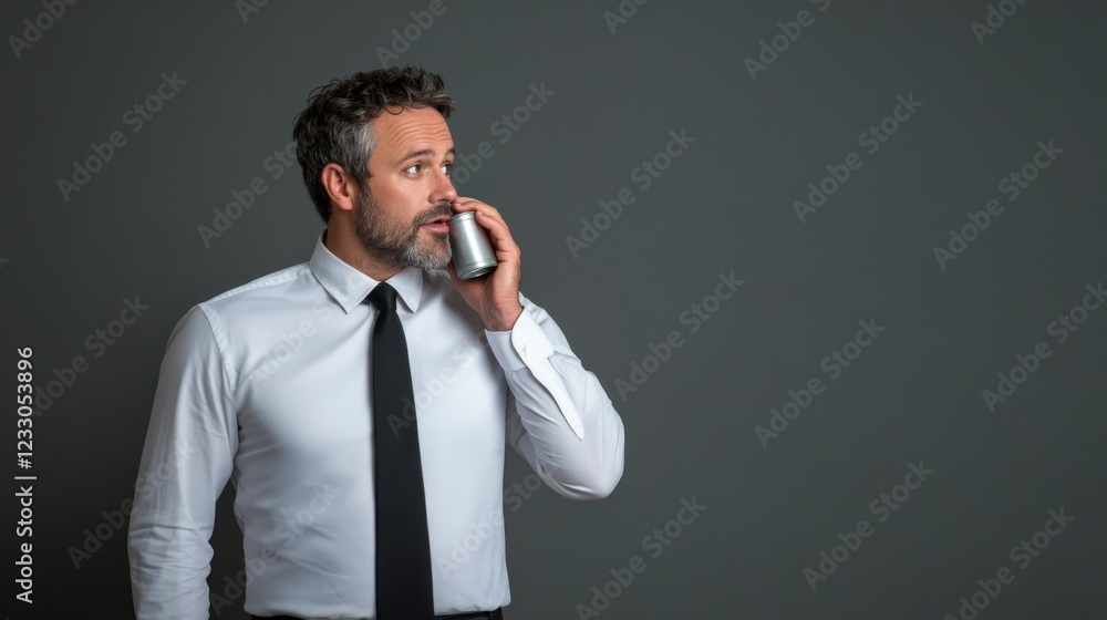 businessman using a tin can as a phone businessman using a tin can as a phone