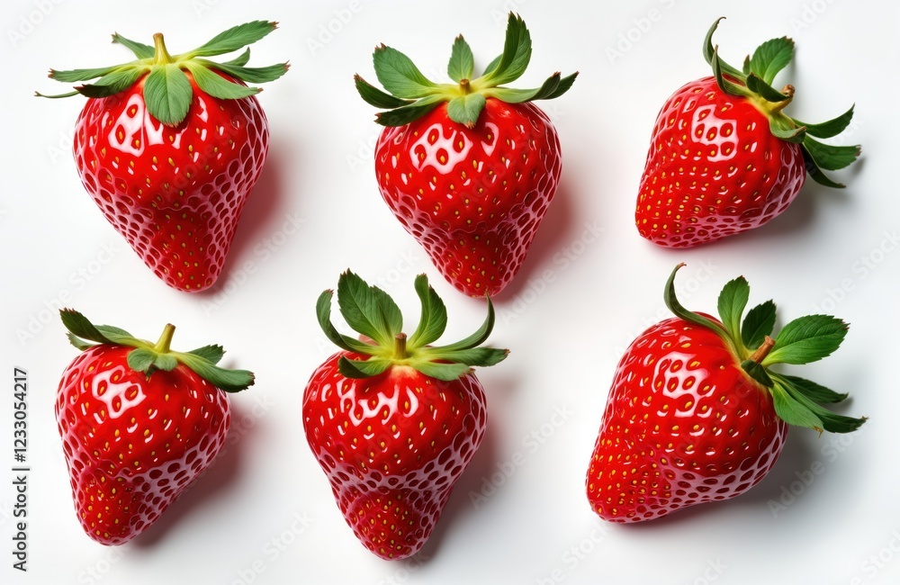 Six ripe red strawberries arranged attractively on plain white background. Freshness, vibrancy of berries emphasized in photo. Image ideal for food blogs, cooking websites, online grocery stores. Six ripe red strawberries arranged attractively on plain white background. Freshness, vibrancy of berries emphasized in photo. Image ideal for food blogs, cooking websites, online grocery stores.