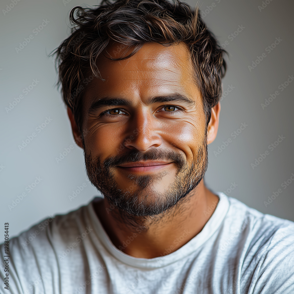 Obraz premium man with a warm, confident smile and casual appearance, set against a neutral indoor background. The relaxed posture and natural lighting give a laid-back, approachable vibe