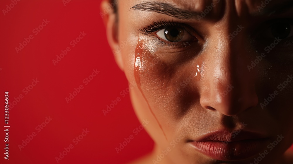Close-up of tearful woman with intense expression against red background Close-up of tearful woman with intense expression against red background