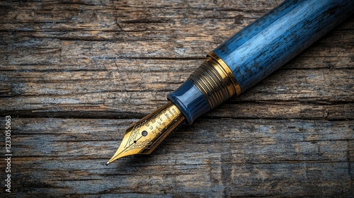 Elegant Blue And Gold Fountain Pen On Wood photo