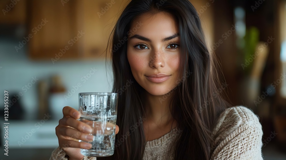 Portrait of a confident woman holding a clear glass of water in a cozy kitchen setting, showcasing healthy lifestyle and hydration emphasis. Portrait of a confident woman holding a clear glass of water in a cozy kitchen setting, showcasing healthy lifestyle and hydration emphasis.