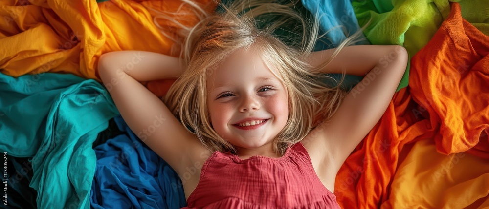 Child playing with colorful fabrics, cheerful expression and relaxed pose on vibrant textiles, enjoying creativity and imagination in a creative space. Child playing with colorful fabrics, cheerful expression and relaxed pose on vibrant textiles, enjoying creativity and imagination in a creative space.