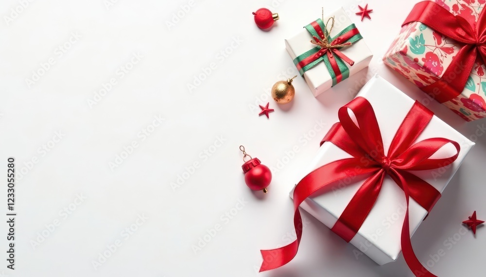 Red ribbon tied elegantly around various gifts, white background, Christmas, box Red ribbon tied elegantly around various gifts, white background, Christmas, box