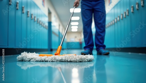 Janitorial staff member in blue uniform mops school hallway. Person cleans blue hallway with white mop. Maintenance worker takes care of hygiene in institution. Routine premise work with locker