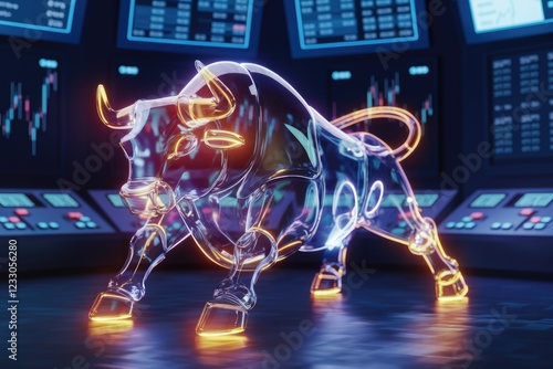 A glowing glass bull, symbolizing financial market strength and bullish trends in a trading room setting. photo