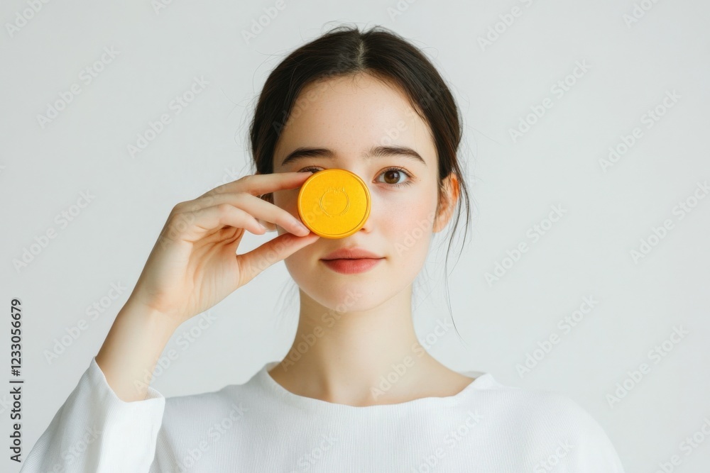 young woman holding a small yellow container in front of her eye young woman holding a small yellow container in front of her eye