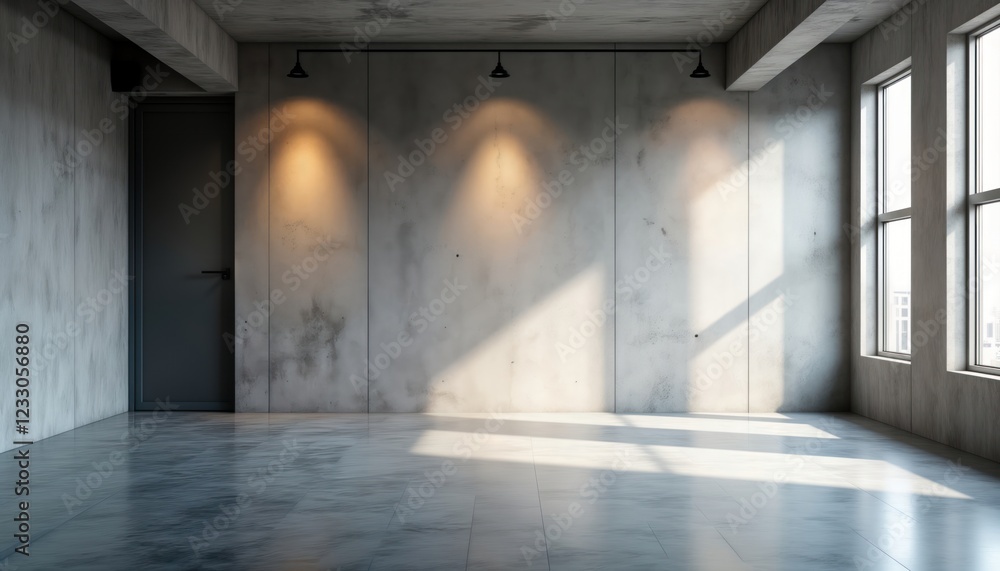 Fototapeta premium Empty modern loft interior with concrete walls and floor. Soft light from spotlights and windows casts shadows on the floor. Modern design style. Empty space ready for furniture.