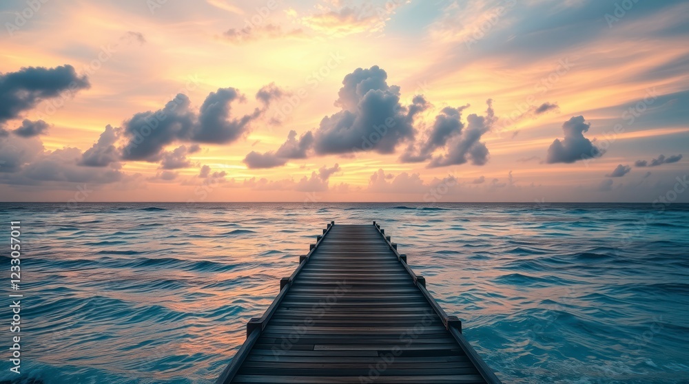 Naklejka premium cinematic style photograph. Tropical beach sunset, wooden jetty extending into the ocean.