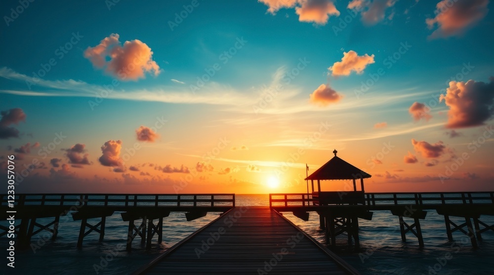 Fototapeta premium cinematic style photograph. Tropical beach sunset, wooden jetty extending into the ocean.