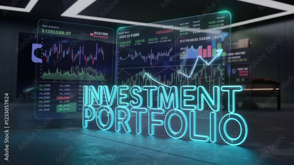 Fototapeta premium Investment portfolio visualized with glowing neon text and dynamic financial charts displaying market data and growth trends.