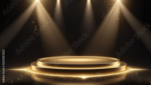 Gold award podium. Empty 3d golden stage with glowing light rays on glitter floor. Luxury product presentation, glamour design beauty industry, winner ceremony. 
