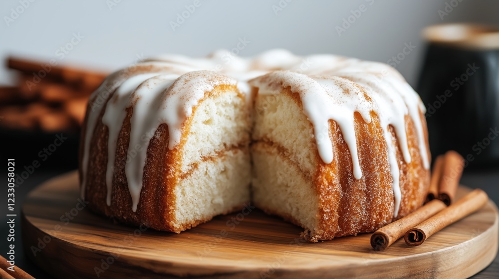 Delicious bundt cake with icing and cinnamon on wooden board - cozy dessert scene Delicious bundt cake with icing and cinnamon on wooden board - cozy dessert scene