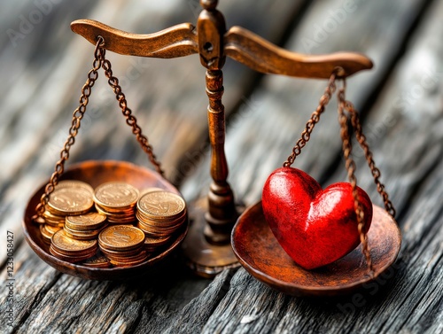 Antique scales with two pans; golden coins on the left, red heart on the right, symbolizing balance between money and love, placed on a wooden surface.