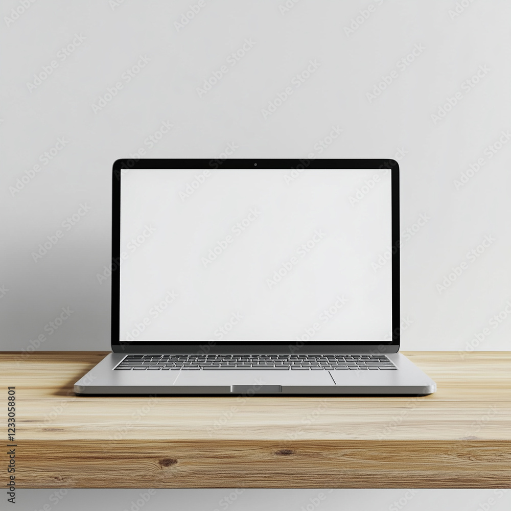 Fototapeta premium Blank White Screen Laptop Mockup on Table with Green Plant and Notebook