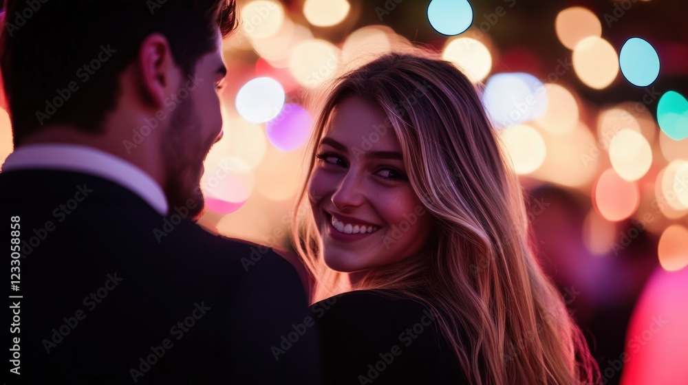 Couple enjoying a night out at a festive event, illuminated by colorful lights, sharing laughter and creating memories in a vibrant atmosphere. Couple enjoying a night out at a festive event, illuminated by colorful lights, sharing laughter and creating memories in a vibrant atmosphere.