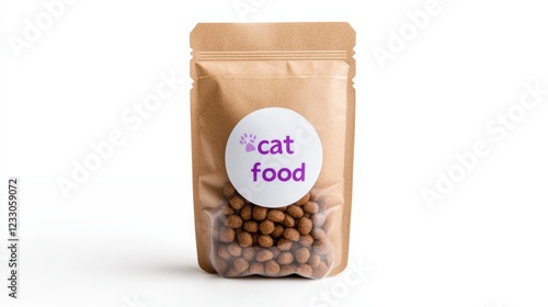 brown kraft paper pouch bag mockup with round label filled with cat food isolated on white background