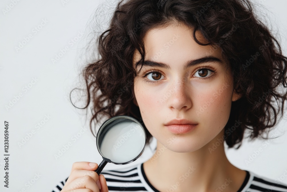 young woman with curly hair holding a magnifying glass young woman with curly hair holding a magnifying glass